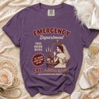 Purple t-shirt with "Emergency Department This Bride Bites 'Til Death Looks Good On Me" graphic.