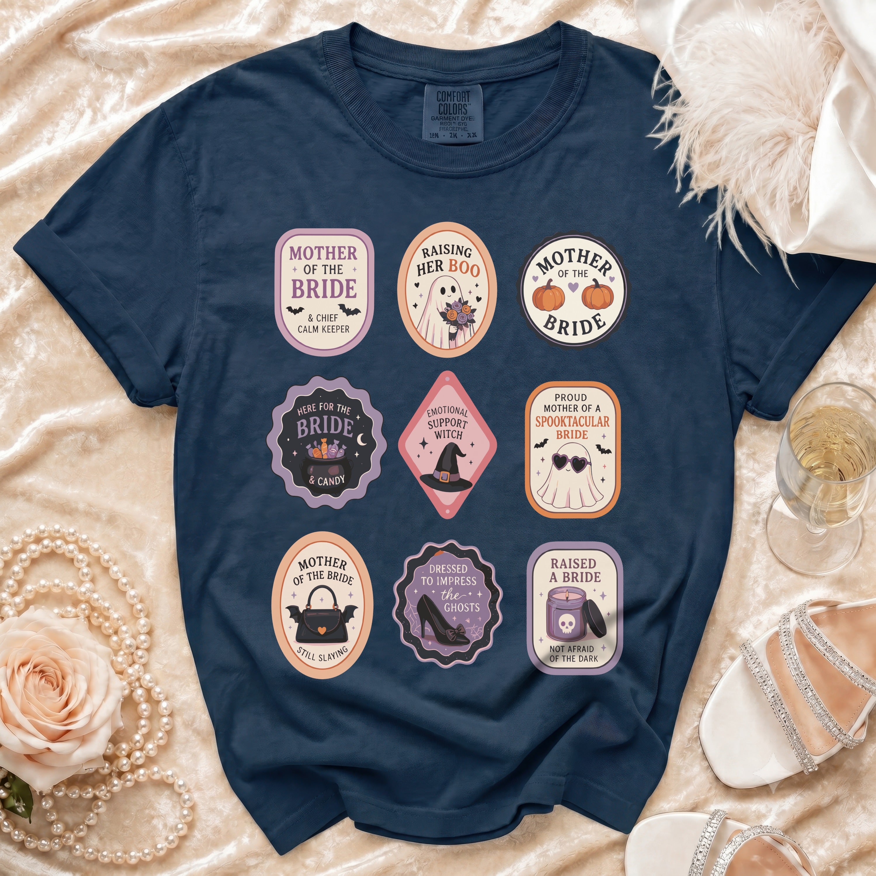 Navy t-shirt with nine Halloween-themed wedding patches and text.