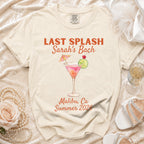 Cream t-shirt with "Last Splash Sarah's Bach Malibu, Ca Summer 2026" and cocktail graphic.