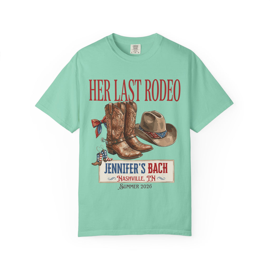 "Her Last Rodeo" bachelorette t-shirt with cowboy boots and hat.