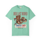 "Her Last Rodeo" bachelorette t-shirt with cowboy boots and hat.