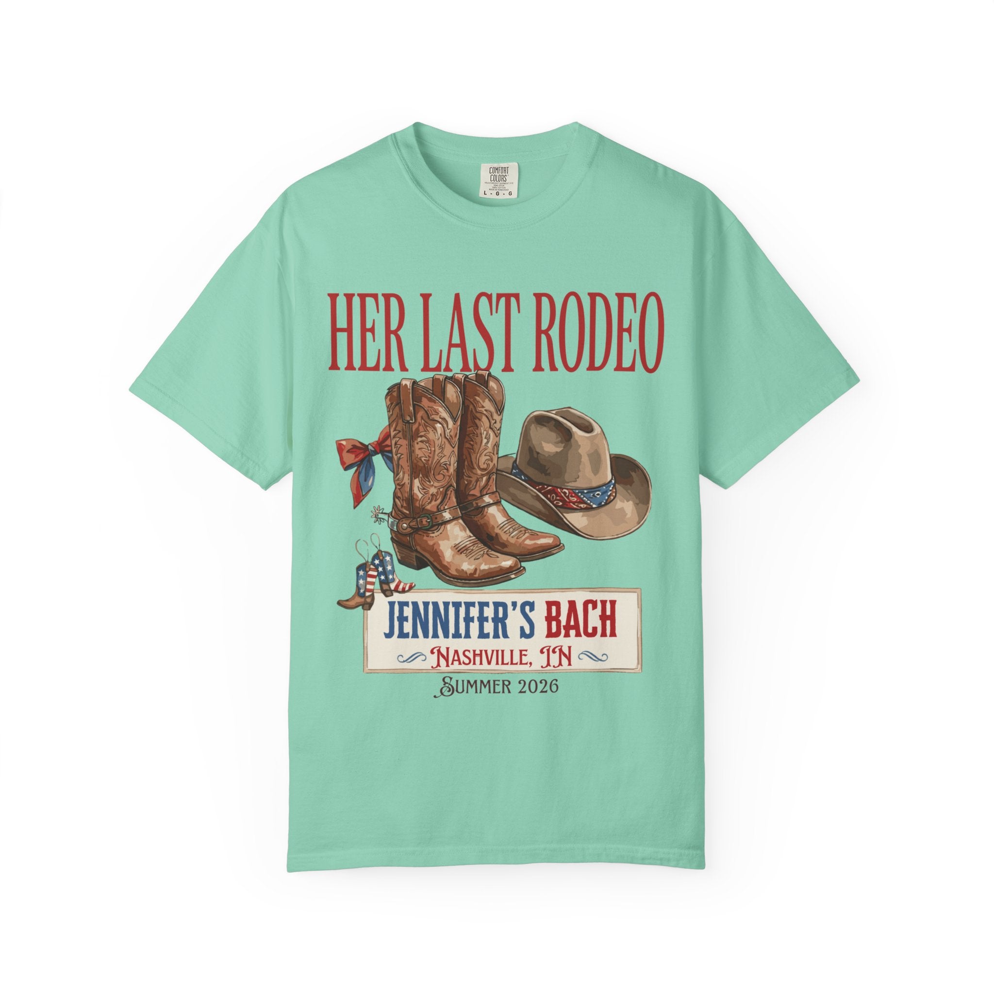 "Her Last Rodeo" bachelorette t-shirt with cowboy boots and hat.
