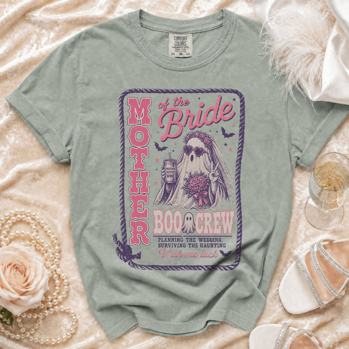 T-shirt graphic: "Mother of the Bride Boo Crew" with a ghost bride and wedding planning text.