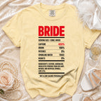 Yellow t-shirt with "BRIDE" and nutritional facts about caffeine, drama, patience, and regrets.