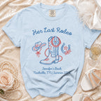 Light blue t-shirt with "Her Last Rodeo" design for Jennifer's Bach in Nashville.