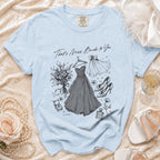 Light blue t-shirt with "That's Miss Bride to You" and wedding illustrations.