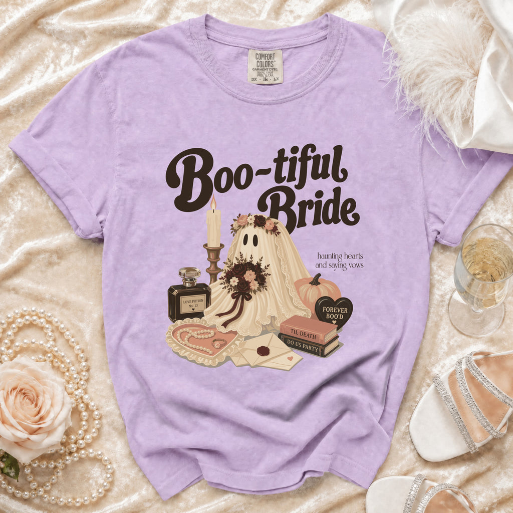 Purple t-shirt with "Boo-tiful Bride" graphic featuring a ghost bride and wedding elements.