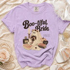 Purple t-shirt with "Boo-tiful Bride" graphic featuring a ghost bride and wedding elements.