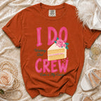 Rust t-shirt with " I DO Wedding Diet CREW Cake is My Cardio" text and cake graphic.