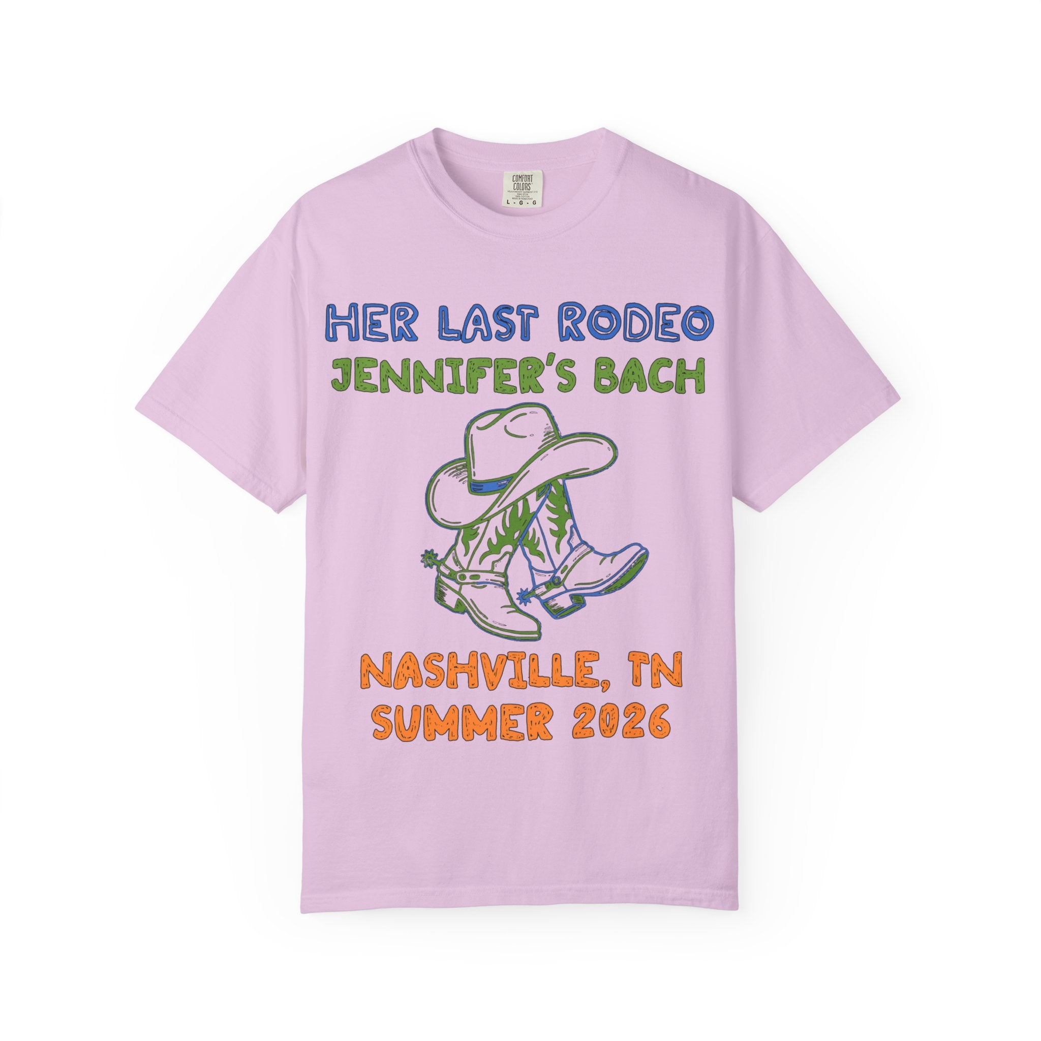 Cowboy boots and hat graphic with text: Her Last Rodeo, Jennifer's Bach, Nashville, TN Summer 2026.