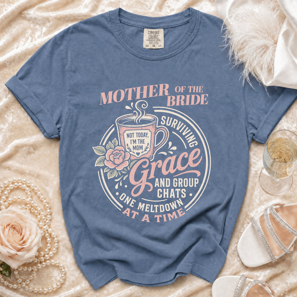 Blue shirt with "Mother of the Bride" design, featuring a coffee cup and text about grace and group chats.