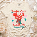 Cream t-shirt with "Jennifer's Bach HER LAST RODEO Nashville, TN Summer 2026" and cowboy boot graphic.