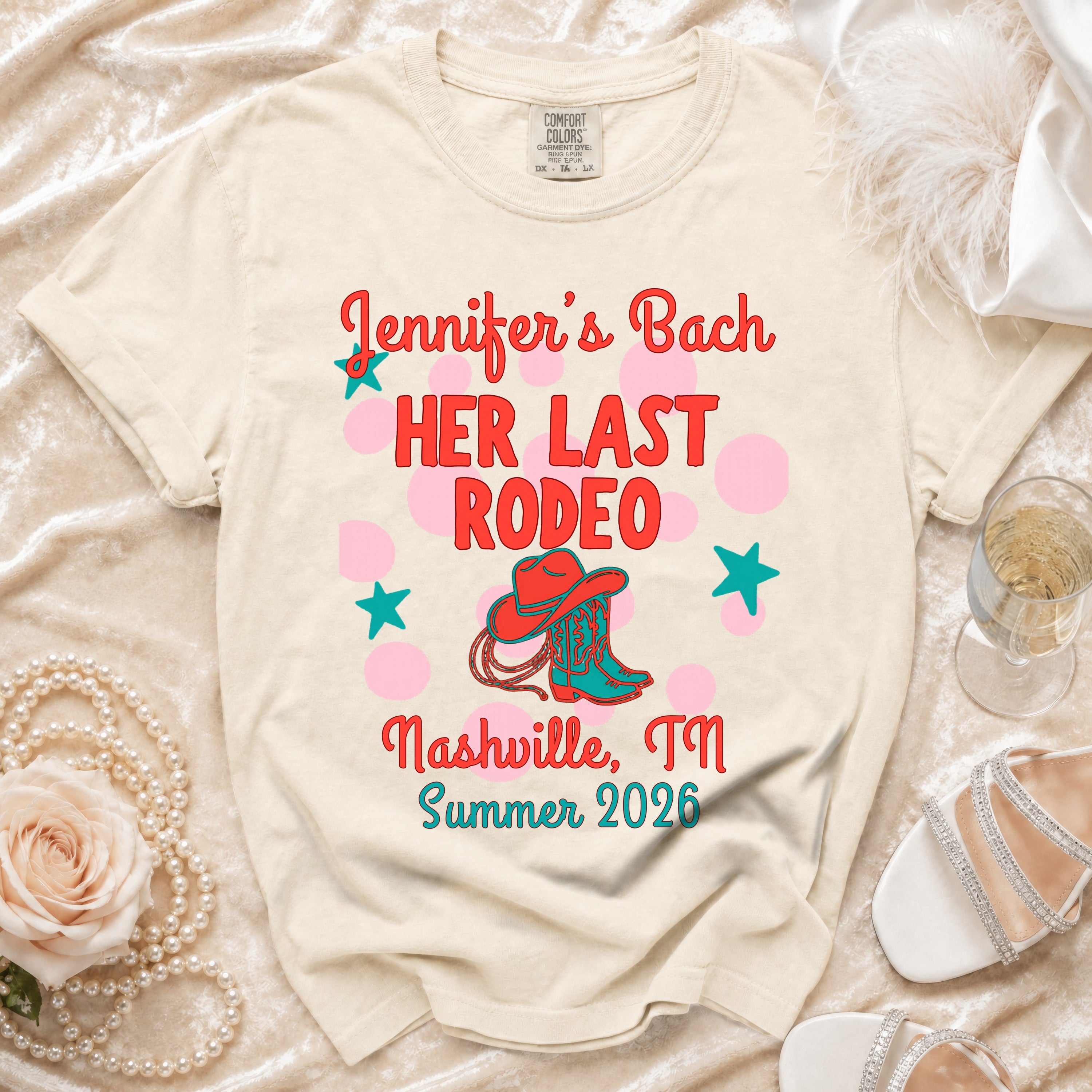 Cream t-shirt with "Jennifer's Bach HER LAST RODEO Nashville, TN Summer 2026" and cowboy boot graphic.