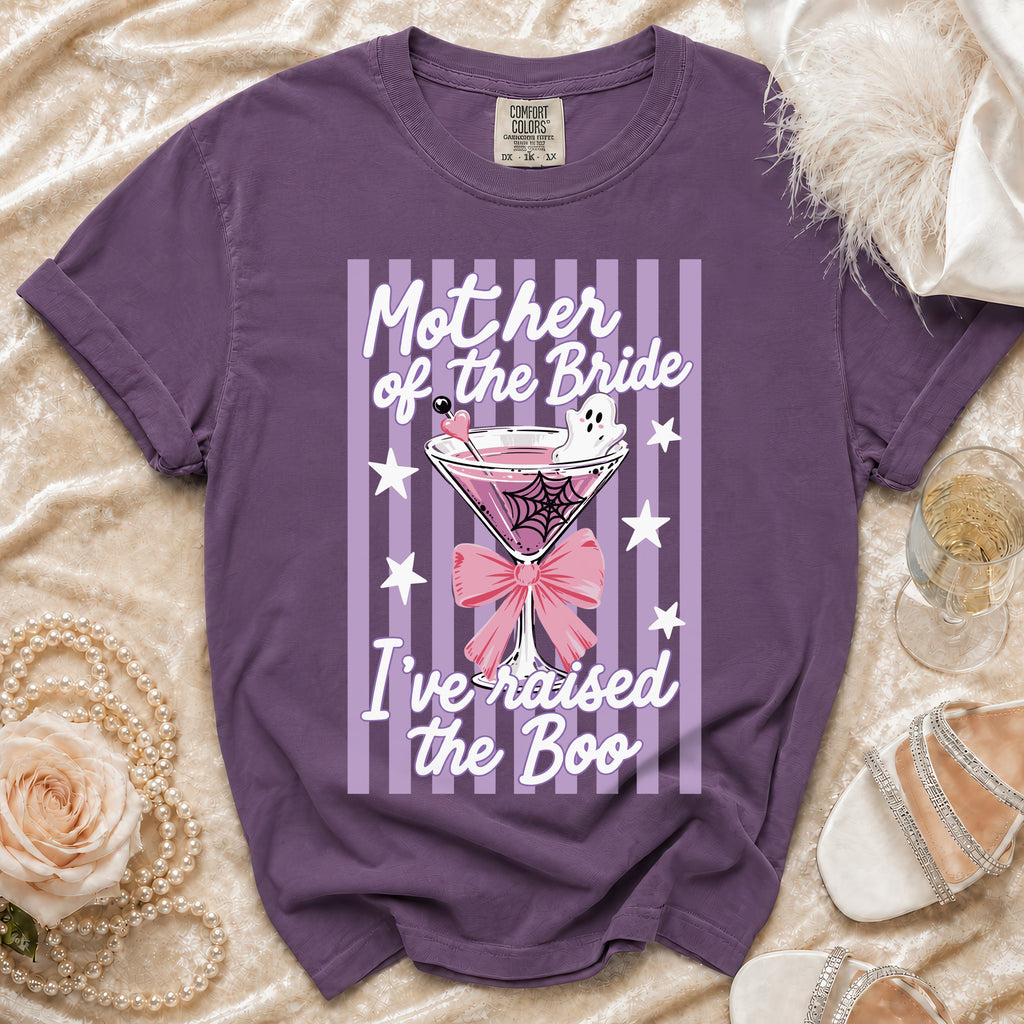 Purple t-shirt with "Mother of the Bride I've raised the Boo" text and Halloween cocktail graphic.