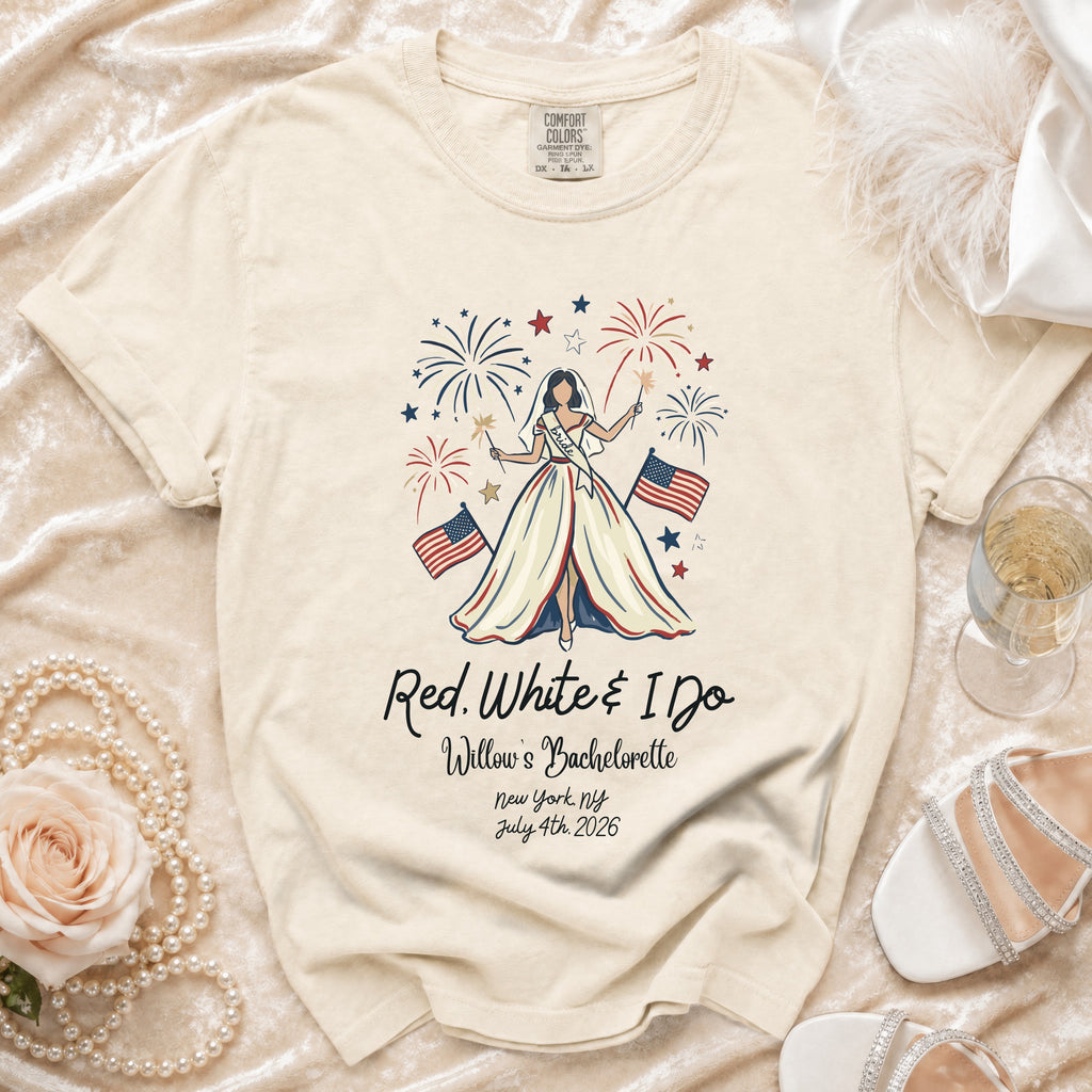 Red, White & I Do bachelorette shirt with bride, fireworks, and American flags.