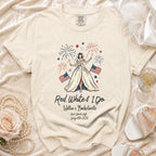 Red, White & I Do bachelorette shirt with bride, fireworks, and American flags.