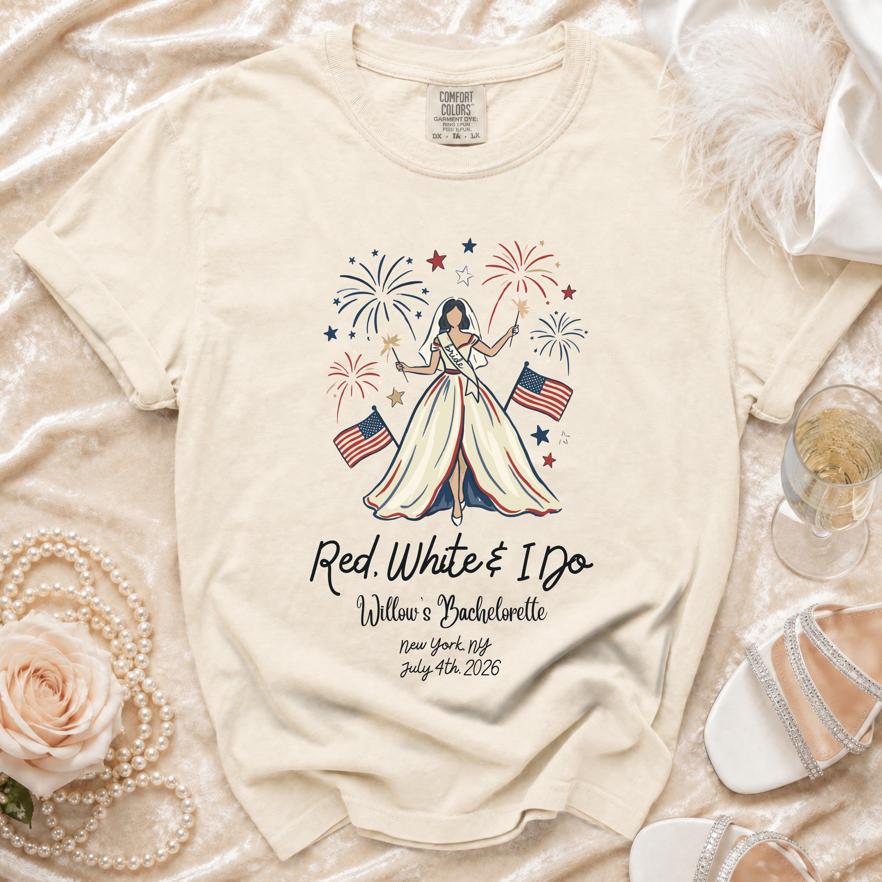Red, White & I Do bachelorette shirt with bride, fireworks, and American flags.