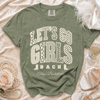 Sage green t-shirt with Let's Go Girls Bach and Abby's Bachelorette text printed in cream.