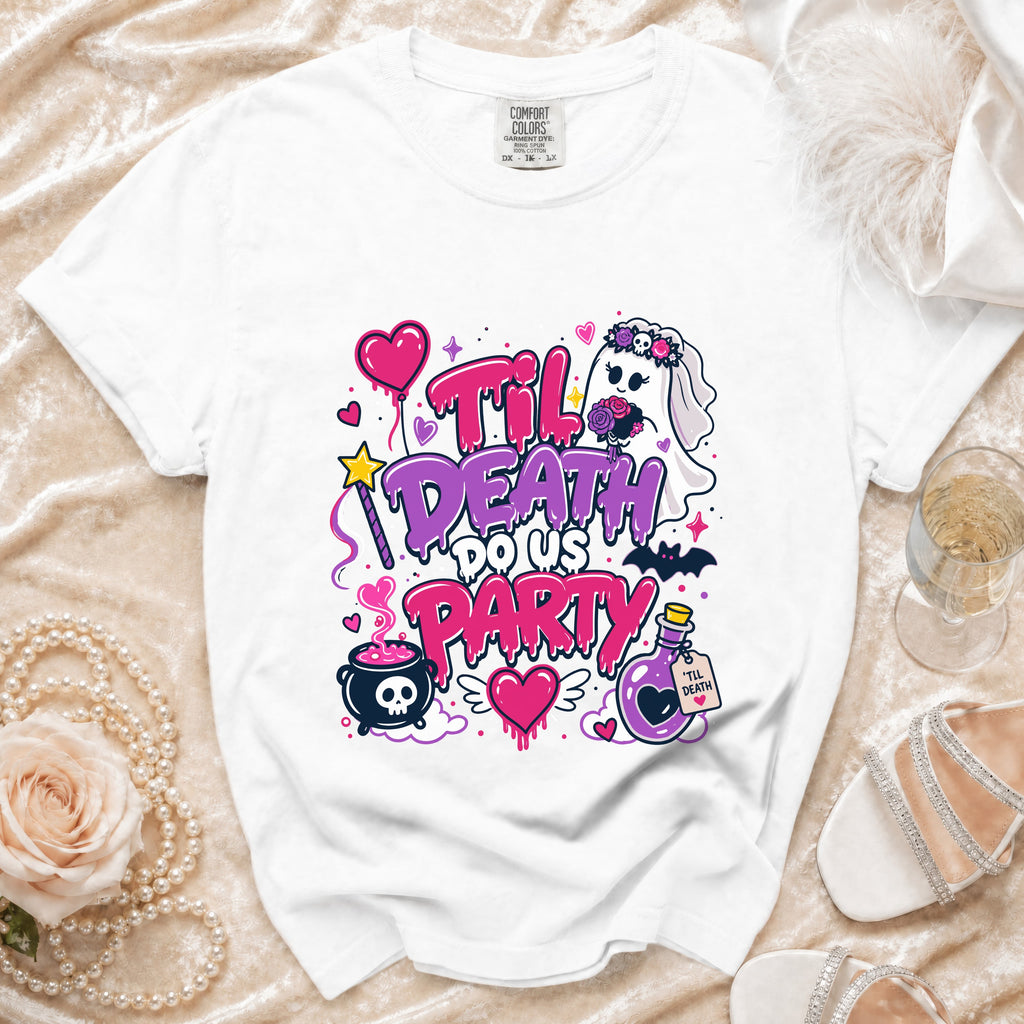 White t-shirt with "Til Death Do Us Party" graphic featuring a ghost bride.