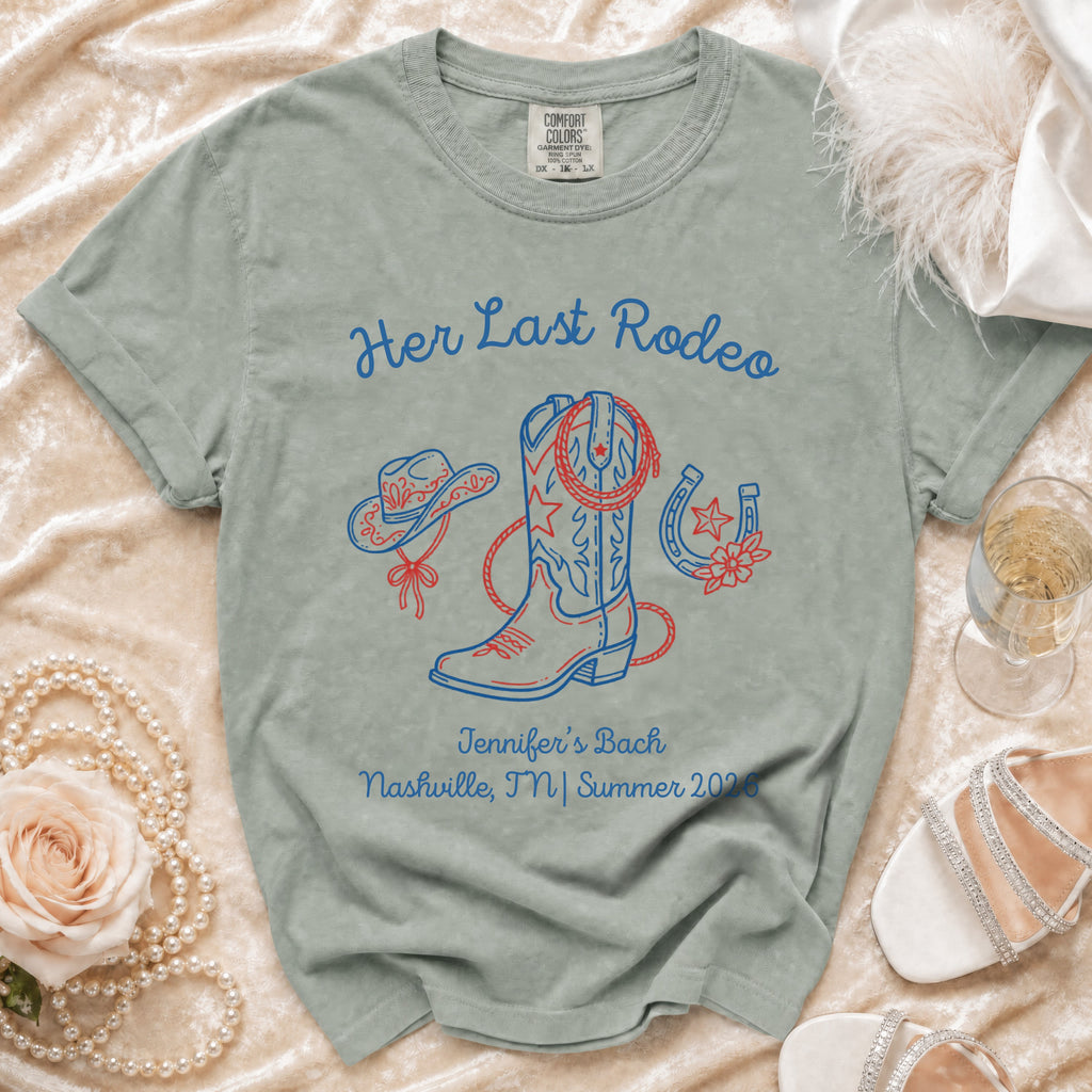 Blue t-shirt with "Her Last Rodeo" and Western graphics for Jennifer's Bach.