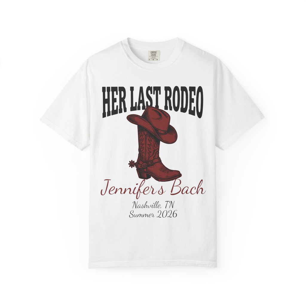 White t-shirt with "Her Last Rodeo" and cowboy boot graphic.