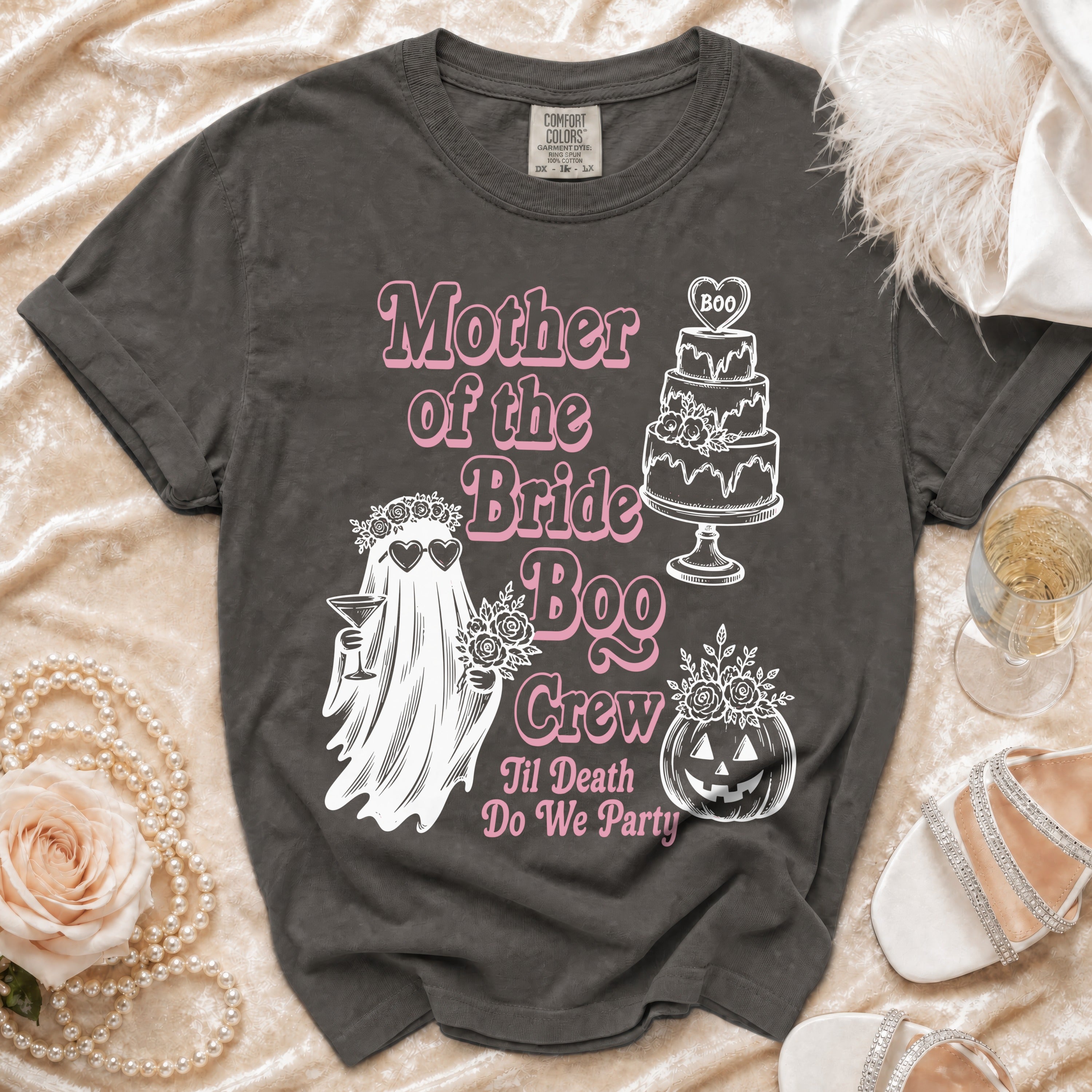Mother of the Bride Boo Crew shirt with ghost, cake, and pumpkin graphics.