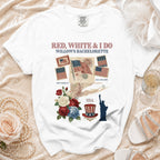 Willow's Bachelorette white t-shirt with patriotic graphic and text.