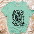 Mint green t-shirt with graphic of skeleton bride and groom, "forever & ever" text.
