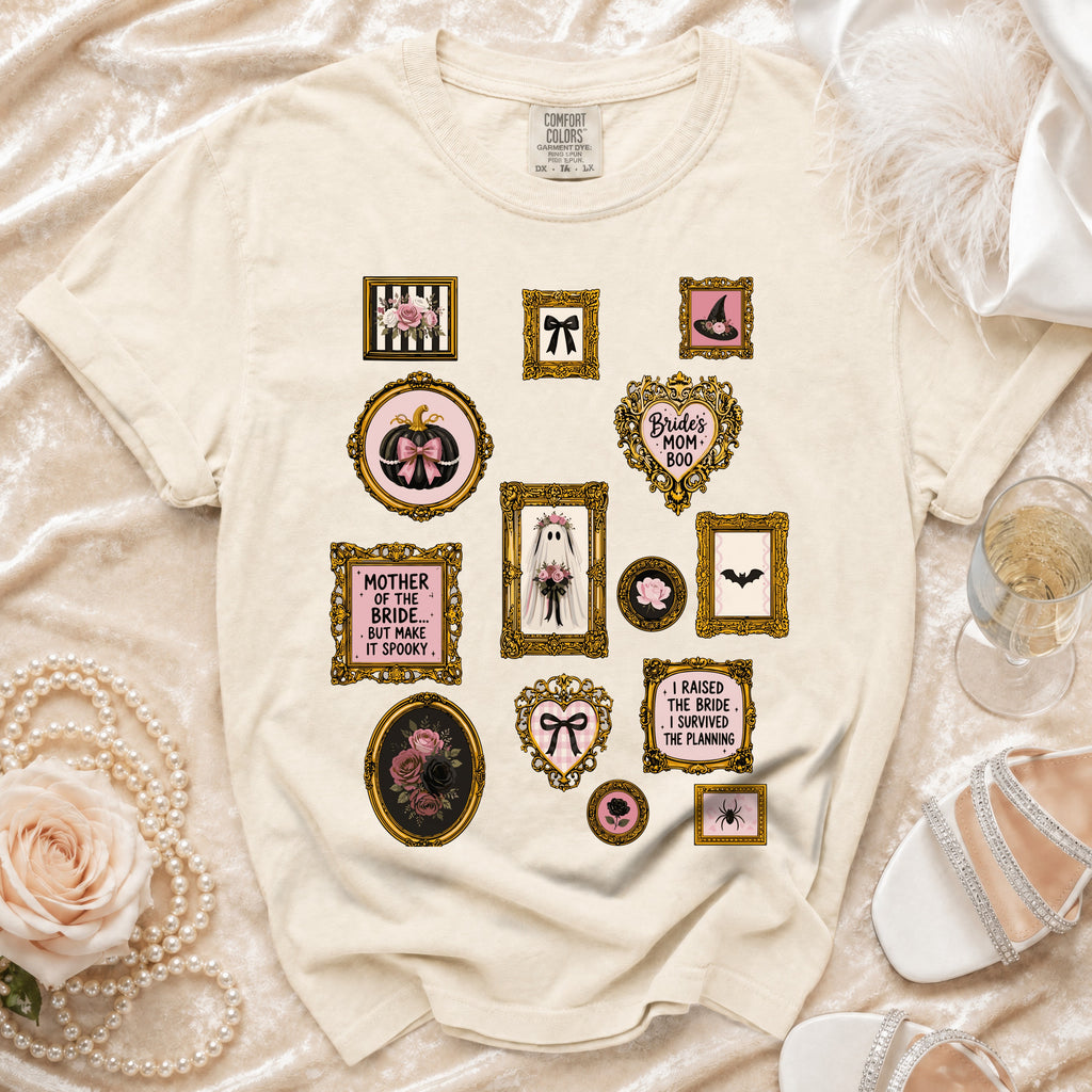 T-shirt with vintage-style Halloween frames featuring pumpkins, ghosts, and wedding-themed spooky text.