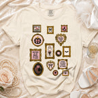 T-shirt with vintage-style Halloween frames featuring pumpkins, ghosts, and wedding-themed spooky text.