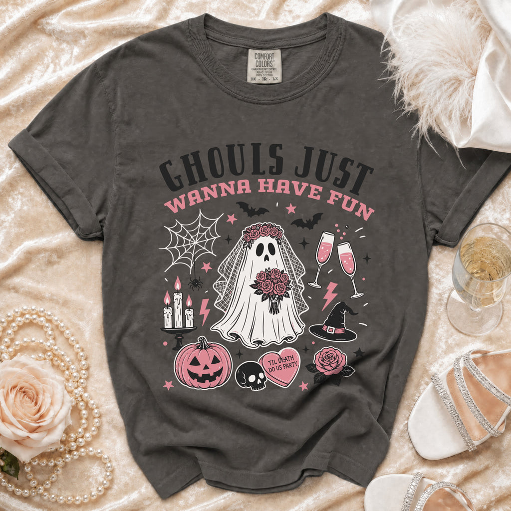 Dark gray t-shirt with Halloween bride graphic and text "Ghouls Just Wanna Have Fun".