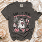 Dark gray t-shirt with Halloween bride graphic and text "Ghouls Just Wanna Have Fun".