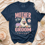 Navy t-shirt with "Mother of the Groom" text and spooky ghost graphic.