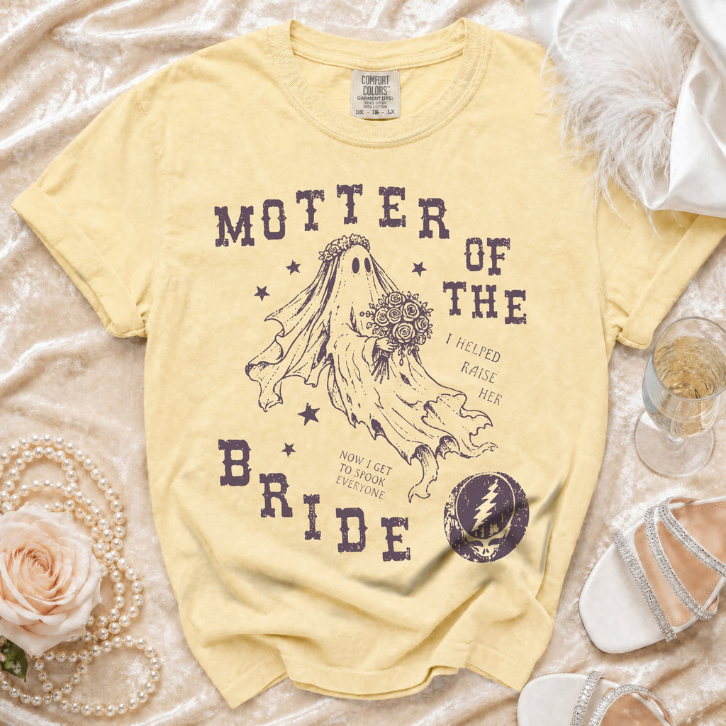 Yellow t-shirt with ghost bride graphic saying "Mother of the Bride I Helped Raise Her Now I Get To Spook Everyone."