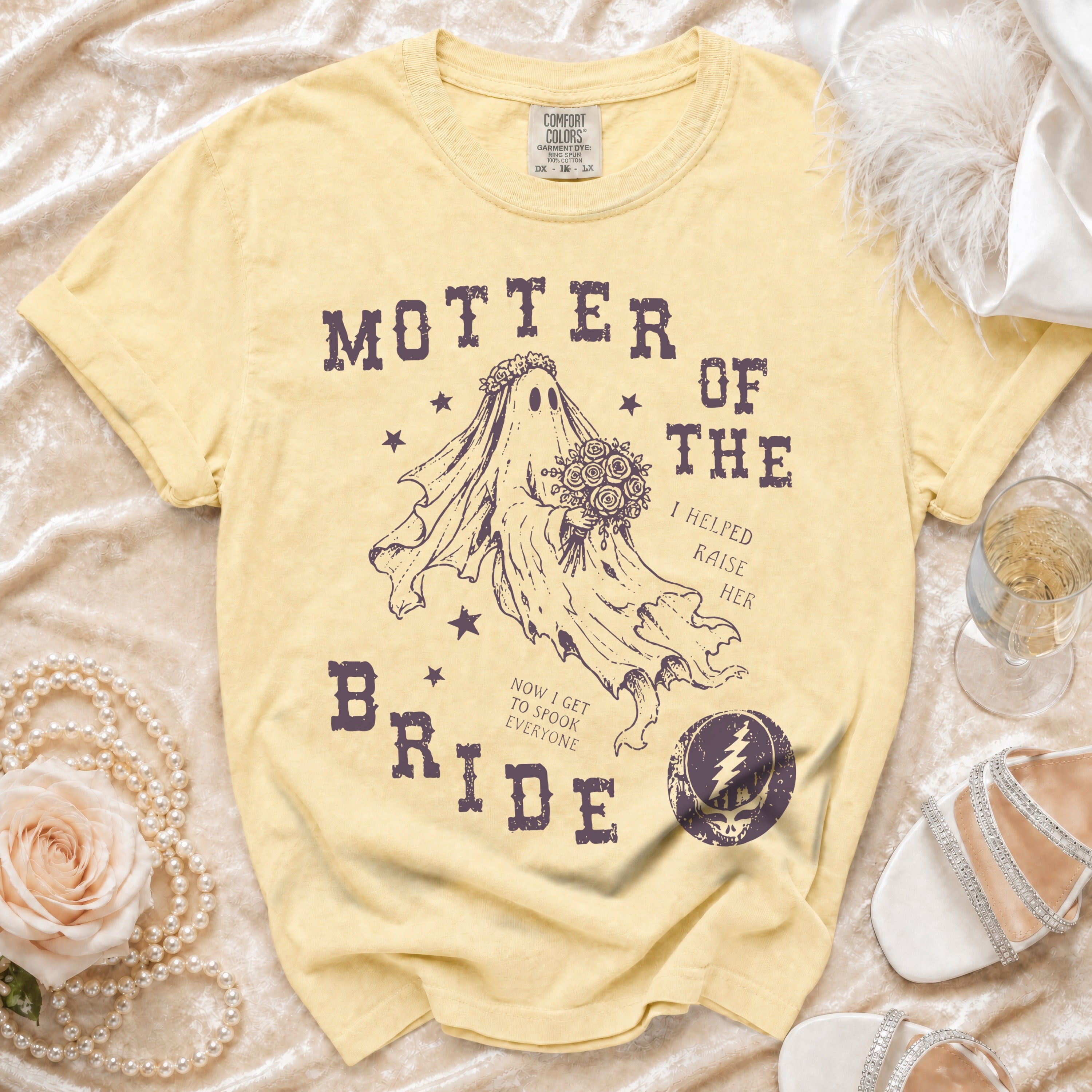 Yellow t-shirt with ghost bride graphic saying "Mother of the Bride I Helped Raise Her Now I Get To Spook Everyone."