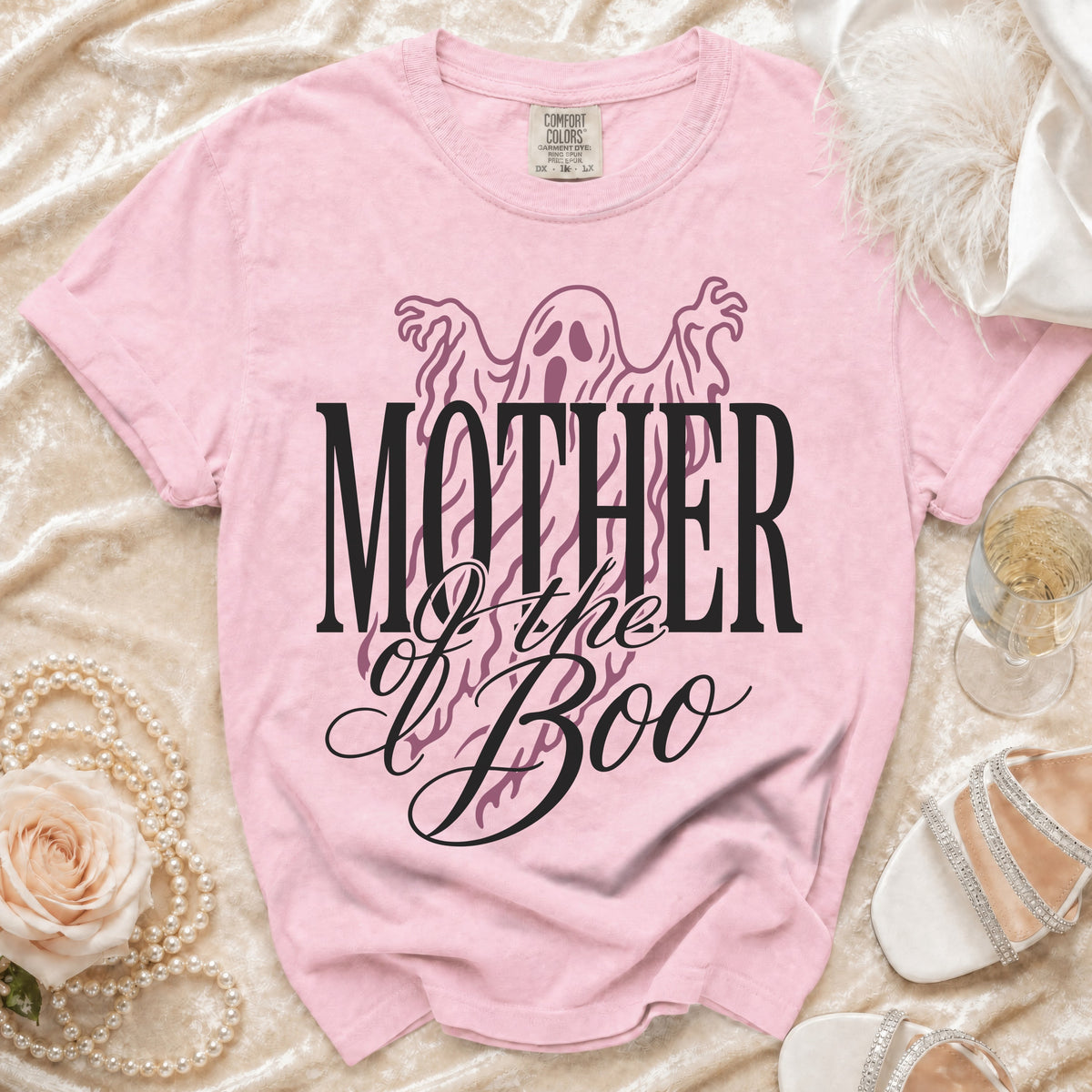 Pink t-shirt with "MOTHER of the Boo" text and a ghost graphic.