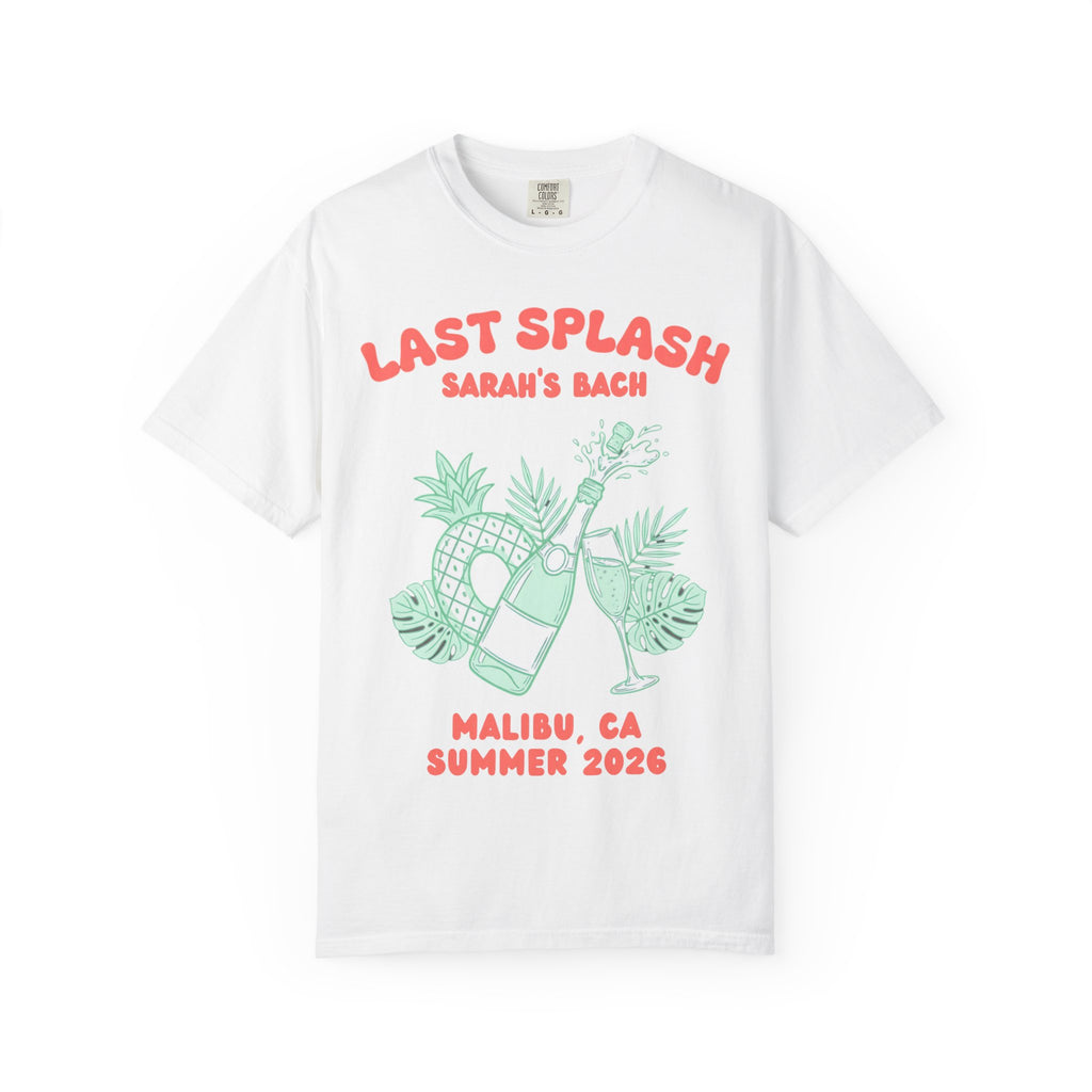 White t-shirt with "Last Splash Sarah's Bach" and tropical graphics.