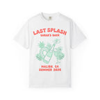 White t-shirt with "Last Splash Sarah's Bach" and tropical graphics.