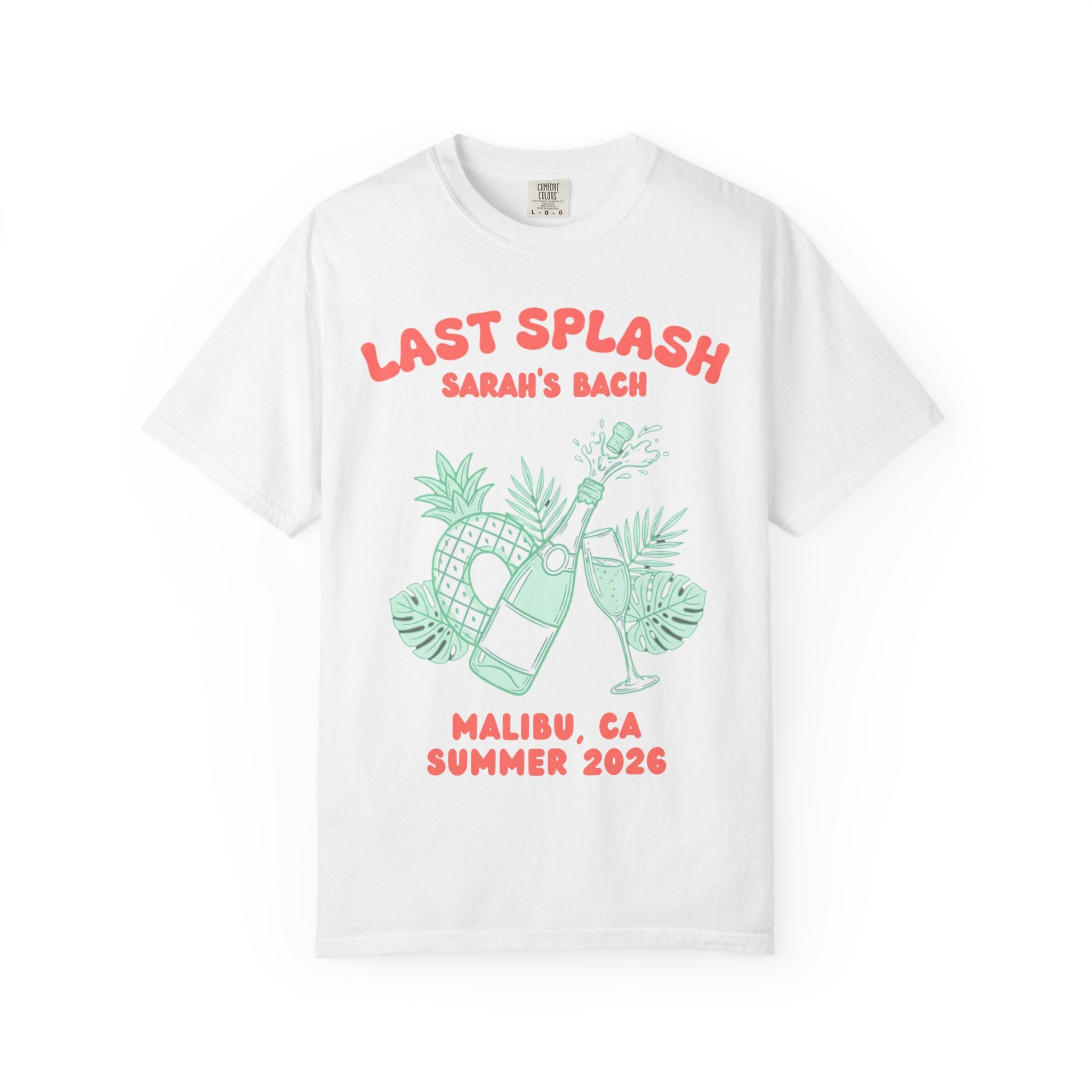 White t-shirt with "Last Splash Sarah's Bach" and tropical graphics.