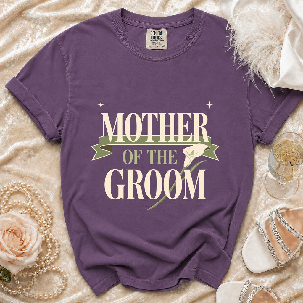 Purple t-shirt with "Mother of the Groom" text and a calla lily graphic.