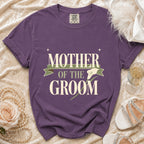 Purple t-shirt with "Mother of the Groom" text and a calla lily graphic.