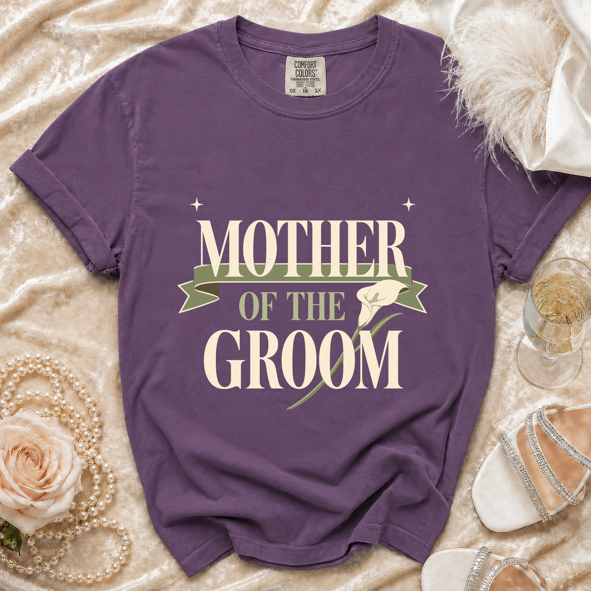 Purple t-shirt with "Mother of the Groom" text and a calla lily graphic.