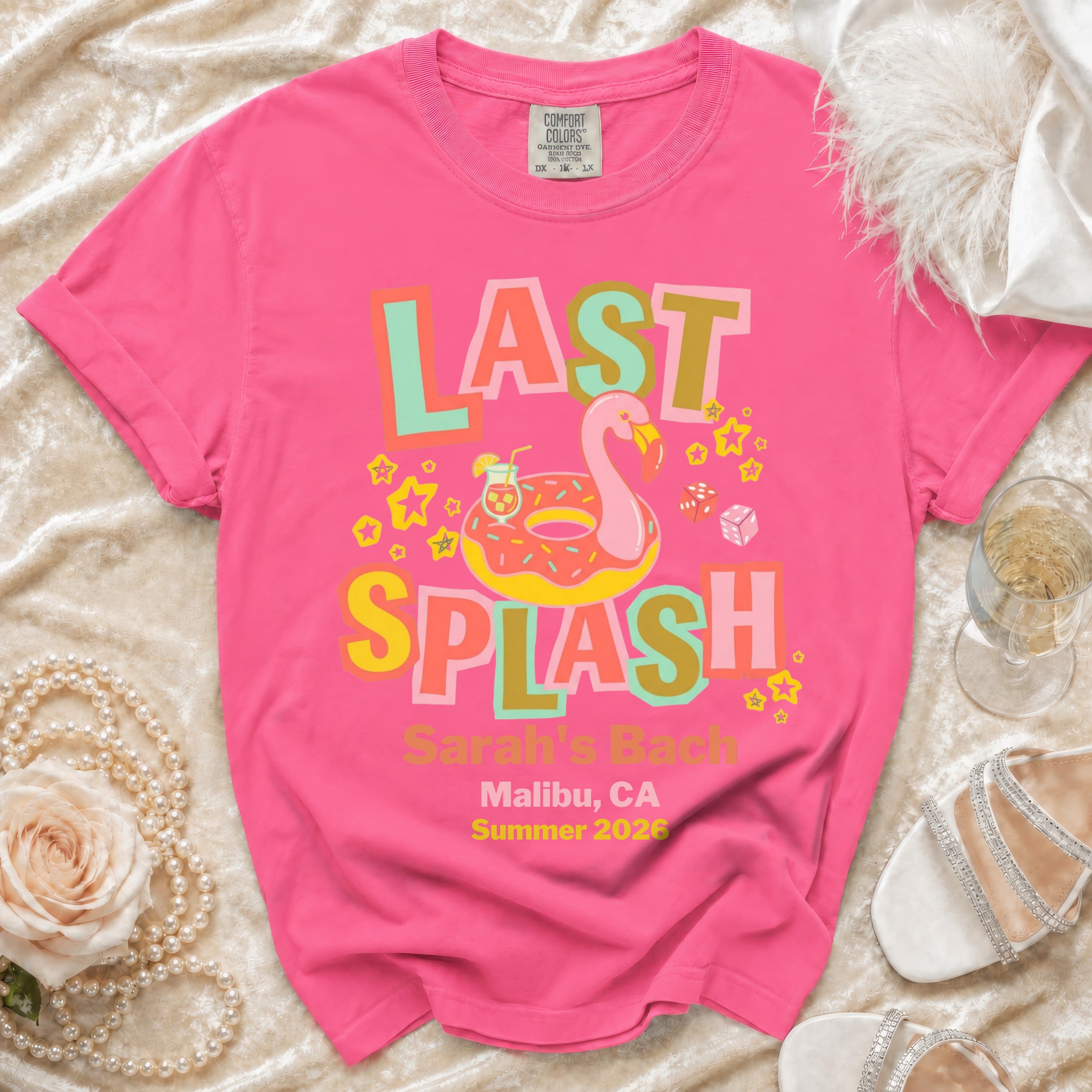 Bright pink t-shirt with "Last Splash" text and summer vacation details.