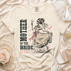 T-shirt with skeleton bride graphic and text "MOTHER OF THE BRIDE TIL DEATH DO WE PARTY".