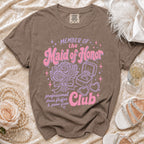 Brown Comfort Colors t-shirt with "Member of the Maid of Honor Club" graphic.