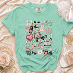 Mint green t-shirt with "BRIDE TO BE" and wedding icons.