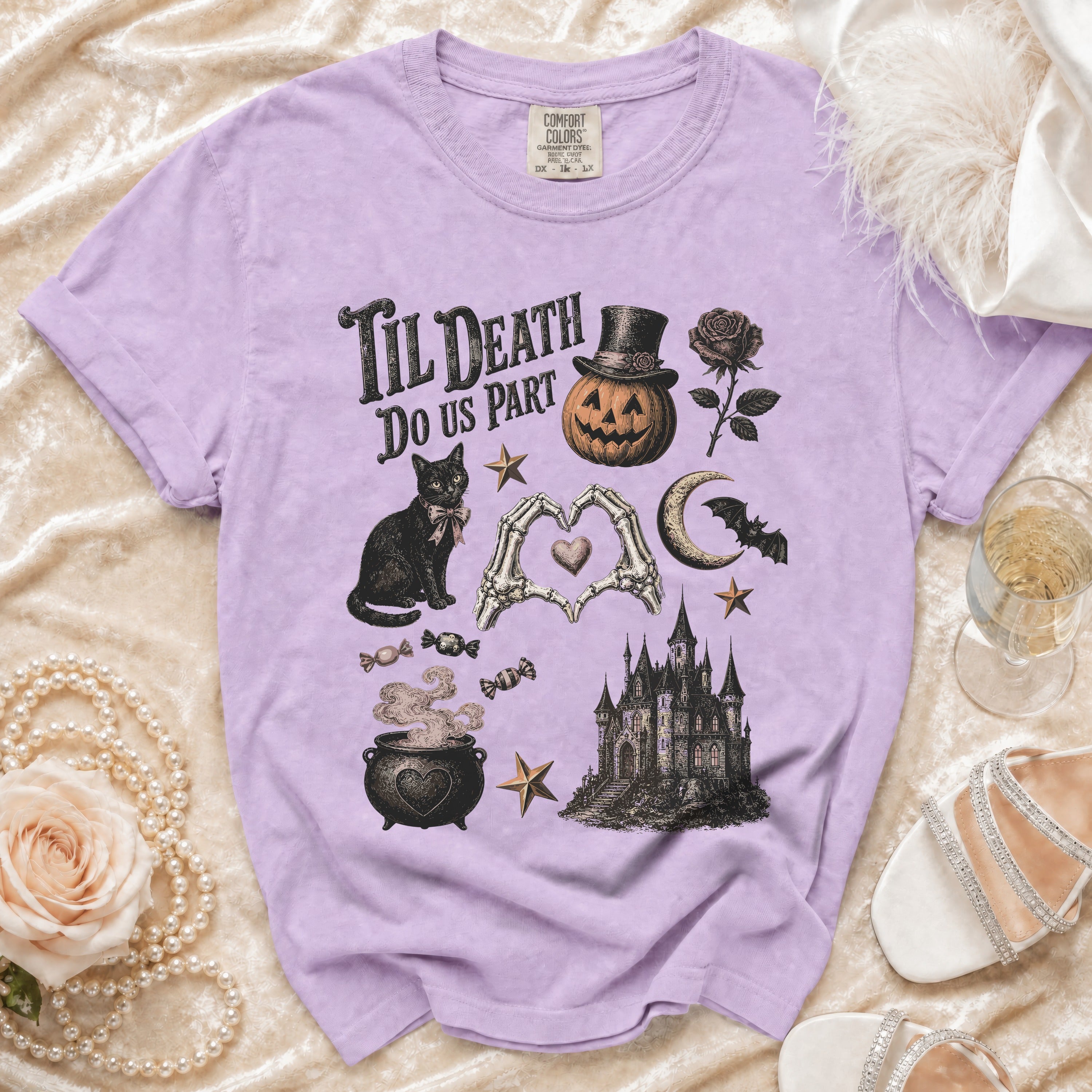 Purple t-shirt with Halloween graphic and text "Til Death Do Us Part."