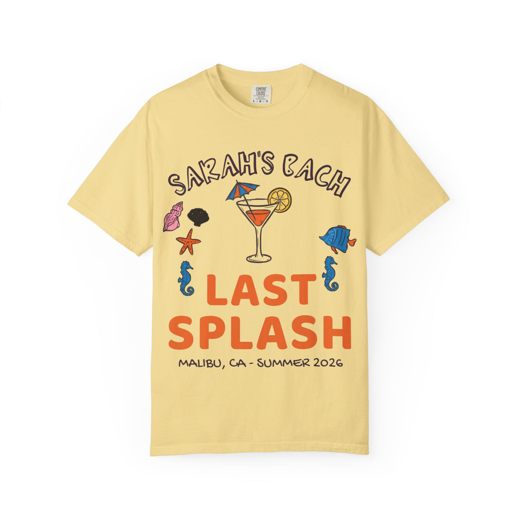 Yellow t-shirt with "Sarah's Bach Last Splash Malibu" text and beach graphics.