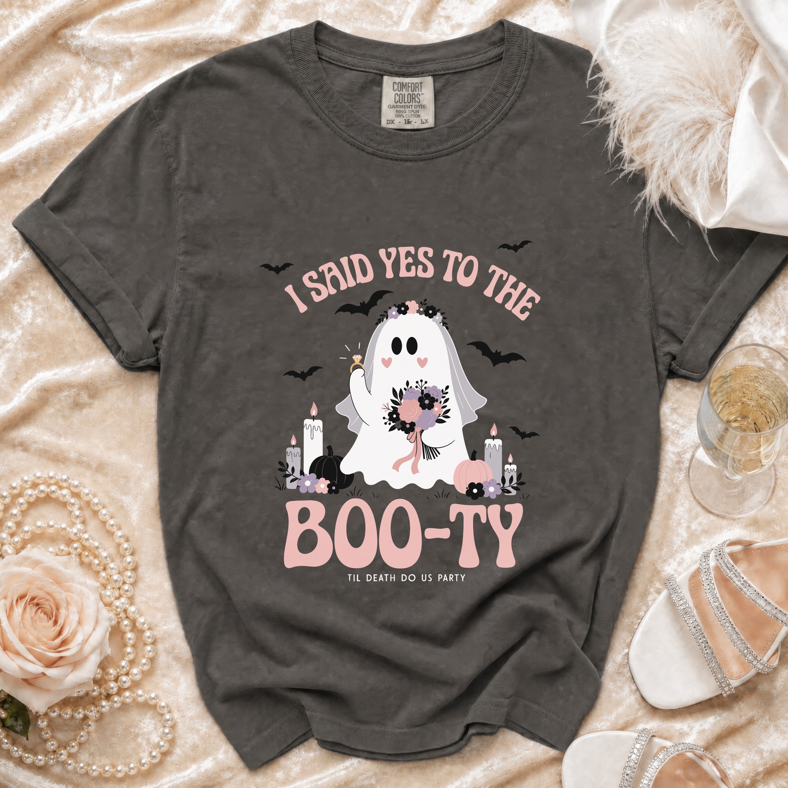 Dark gray t-shirt with "I Said Yes To The Boo-ty" graphic featuring a ghost bride.