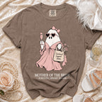 Brown t-shirt with a ghost wearing heart sunglasses, holding champagne, and the text "MOTHER OF THE BRIDE - SURVIVING SPOOKY SEASON".